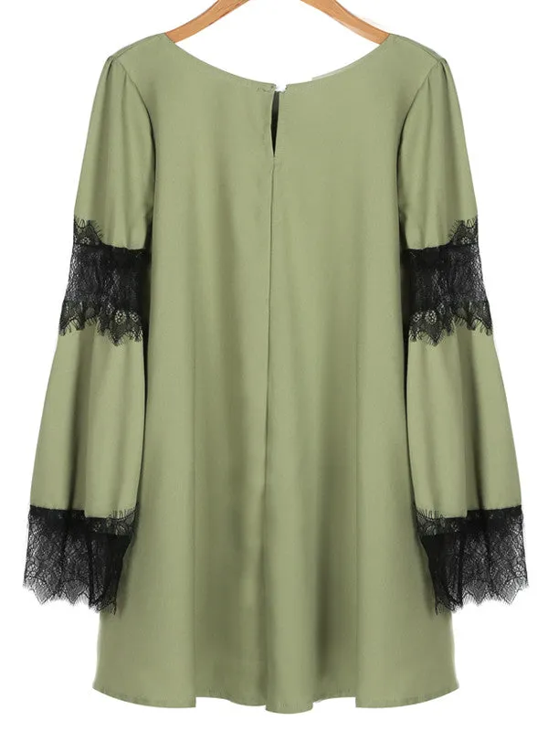 Army Green Lace Bell Sleeve Dress