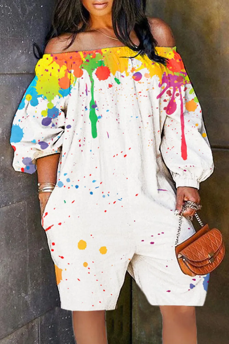 Casual Basis Mixed Printing Printing Off the Shoulder Loose Jumpsuits