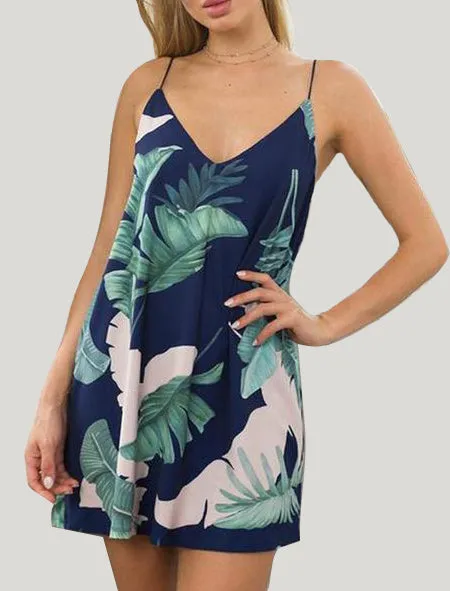 Holiday Leaf Print V-neck Mini Dress