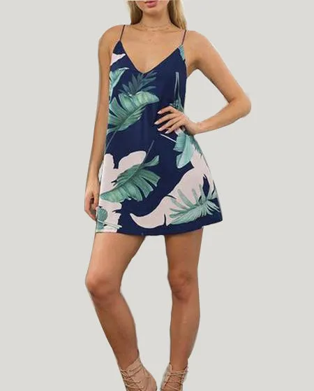 Holiday Leaf Print V-neck Mini Dress