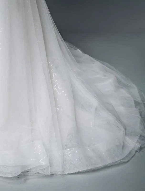Simple Wedding Dress Lace V Neck Sleeveless Lace Mermaid Bridal Dresses With Train